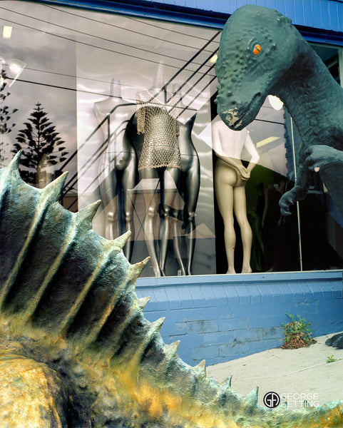 An incongruous combination of shop mannequins and Dinosaurs 